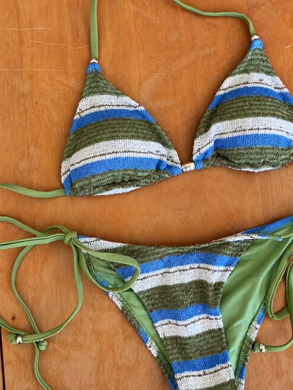 Sundaze Brunch Swimwear Olive Green Blue Striped Bikini Set Medium